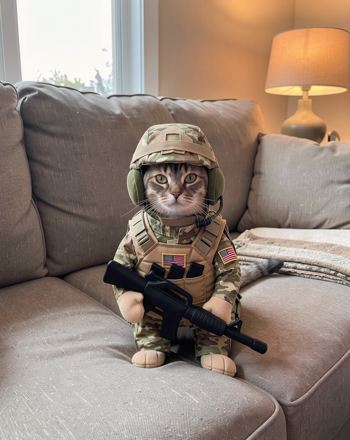 Cat wearing the soldier pup costume on a sofa