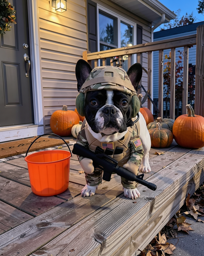Dog in the soldier costume trick-or-treating on a porch with pumpkins