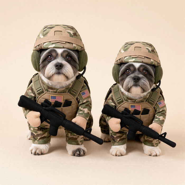 Two small dogs wearing matching soldier pup costumes