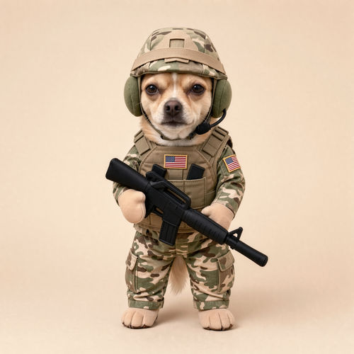 Small dog wearing the soldier pup costume with cap on an ivory studio background