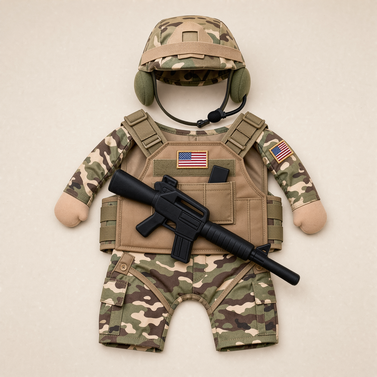 Soldier pup costume flat-lay showing cap, fabric and buttons