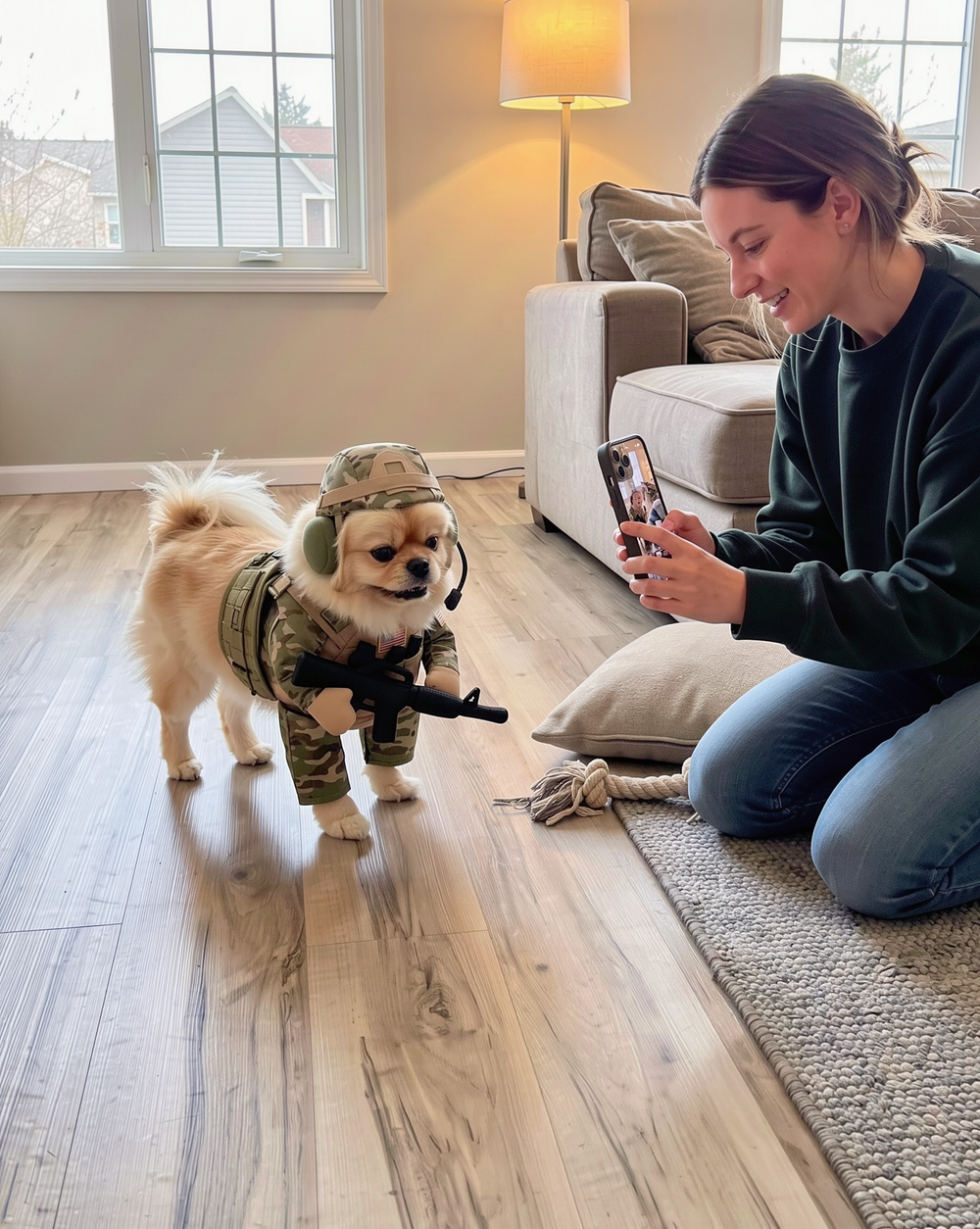 Pomeranian in the soldier costume being photographed at home