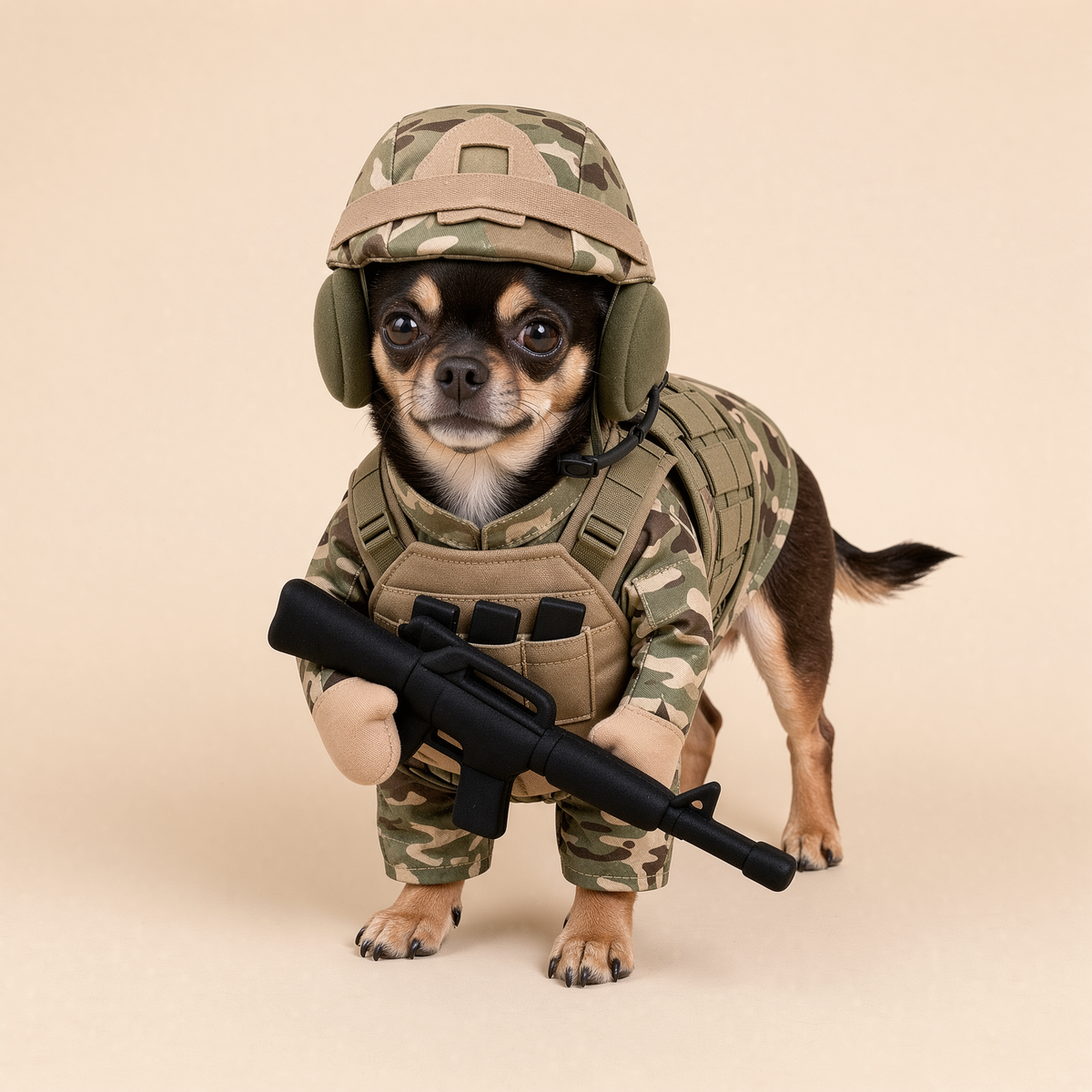 Chihuahua in the soldier pup costume, three-quarter view