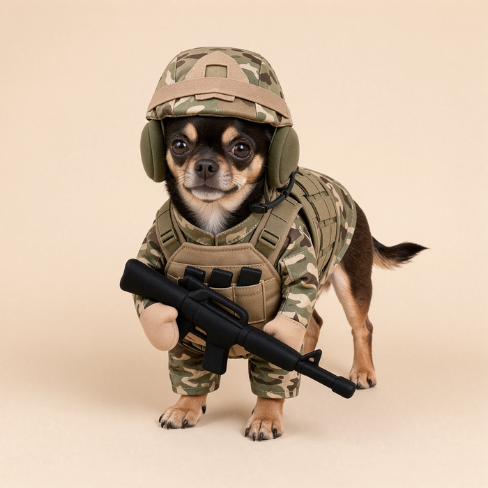Chihuahua in the soldier pup costume, three-quarter view